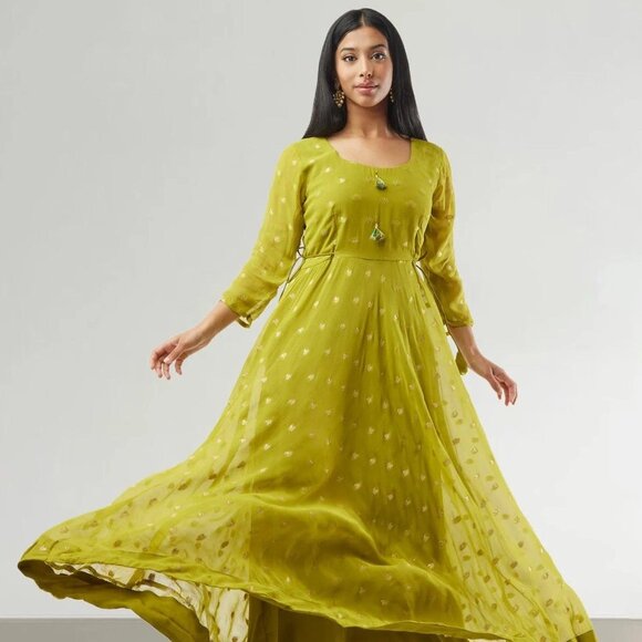 Green Banarasi Georgette Anarkali Suit | Muvvas Boutique - Picture 1 of 4